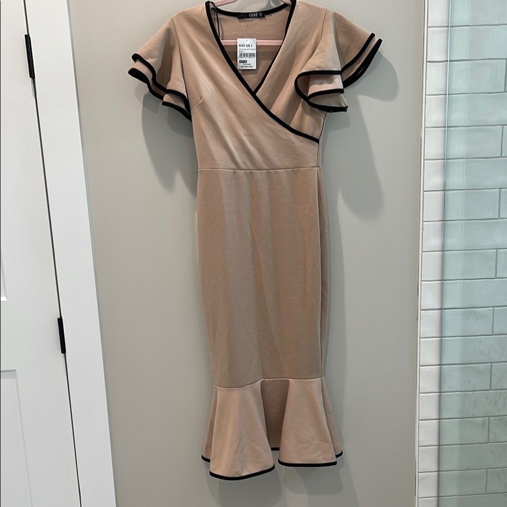 NWT Quiz Midi Size 2 Elegant Tan Ruffle Dress - Picture 2 of 9